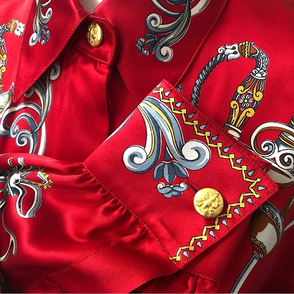 Vintage 1980s Designer Escada Red Sword Print Blouse 100% Silk Size Medium - Picture 4 of 9